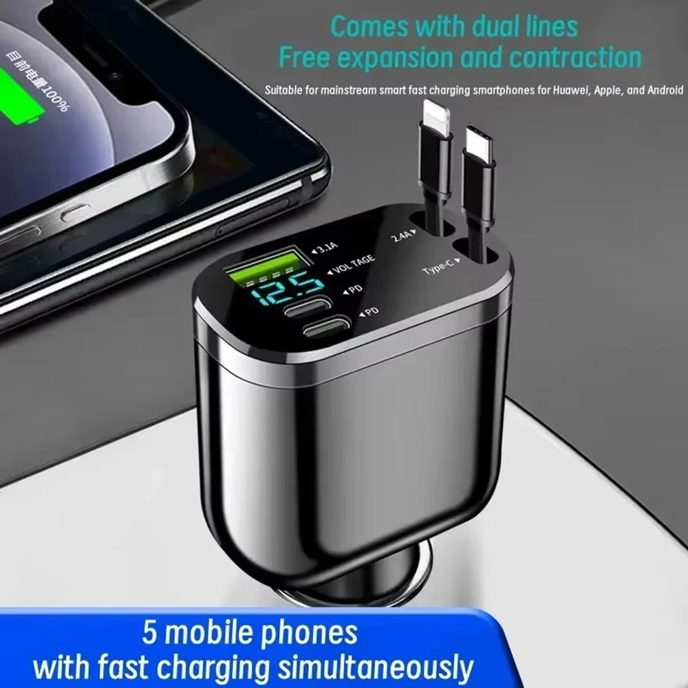 M4 5 in 1 Car Charger USB + 2 Type-C Fast Charging Digital Display Adapter with 8-Pin + Type-C Retractable Cable - 2