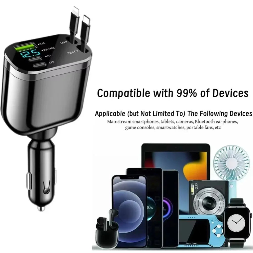 M4 5 in 1 Car Charger USB + 2 Type-C Fast Charging Digital Display Adapter with 8-Pin + Type-C Retractable Cable - 6