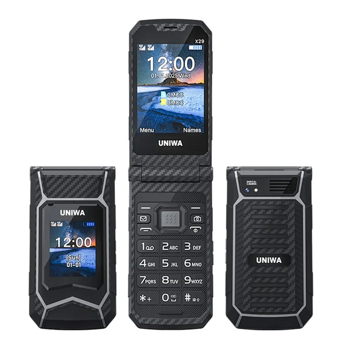 UNIWA X29 2.8 inch Flip Phone Dual Screen Dual SIM Card Standby GSM Keypad 2000mAh Rugged Mobile - Black  /  Grey - 4