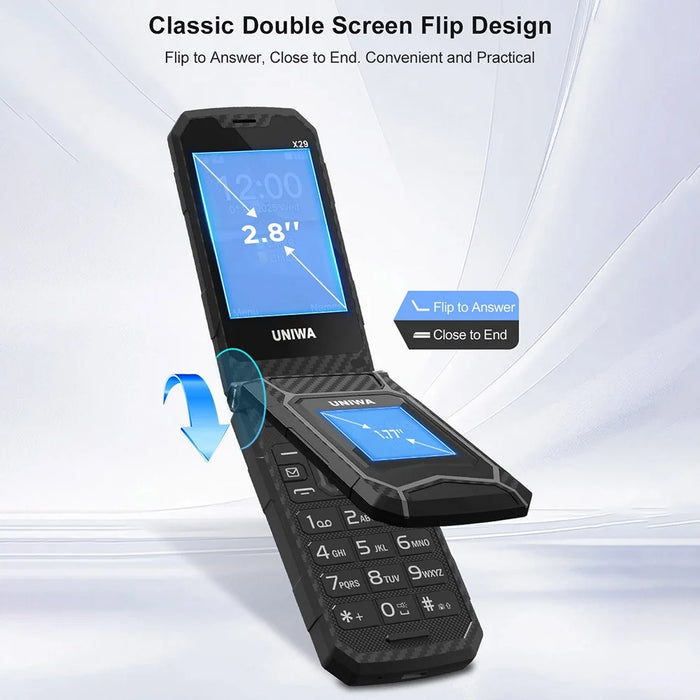 UNIWA X29 2.8 inch Flip Phone Dual Screen Dual SIM Card Standby GSM Keypad 2000mAh Rugged Mobile - Black  /  Grey - 6