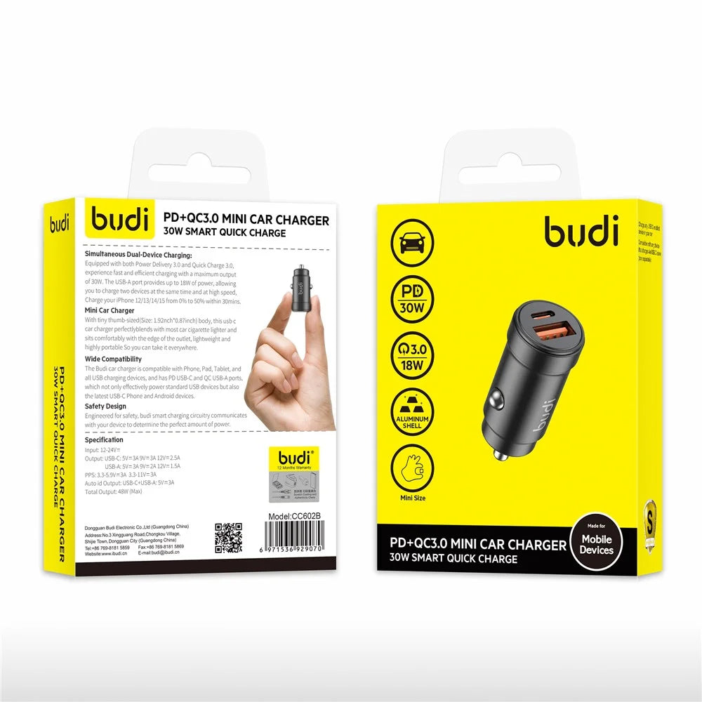 BUDI CC602B Mini Car Charger 48W Quick Charge USB A + USB C Dual Port Cigarette Lighter Adapter - 5