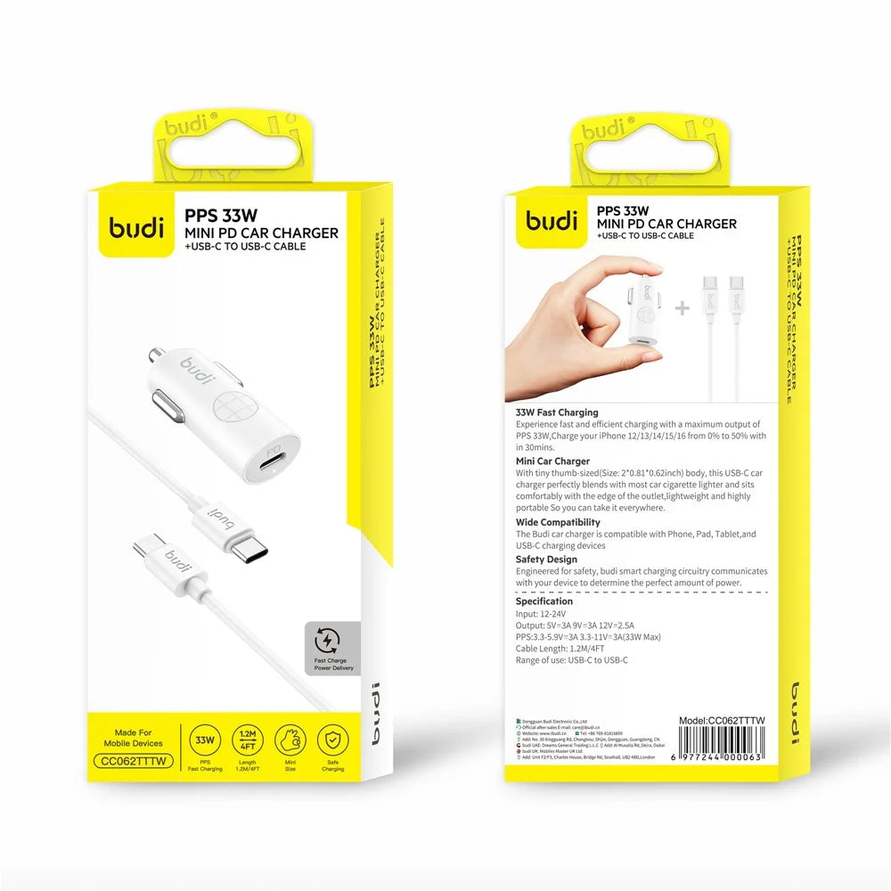 BUDI CC062TTTW USB-C 33W Car Charger Set with 1.2m 60W Type-C to Type-C Cable Mini Cigarette Lighter Adapter - 5
