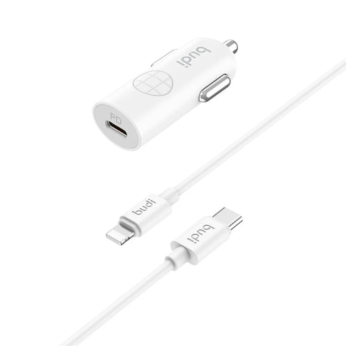 BUDI CC062TTLW USB-C 33W Car Charger Set with 1.2m 27W Type-C to iP Cable Mini Cigarette Lighter Adapter - 1