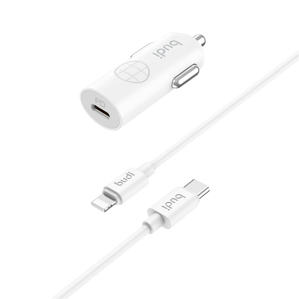 BUDI CC062TTLW USB-C 33W Car Charger Set with 1.2m 27W Type-C to iP Cable Mini Cigarette Lighter Adapter - 1