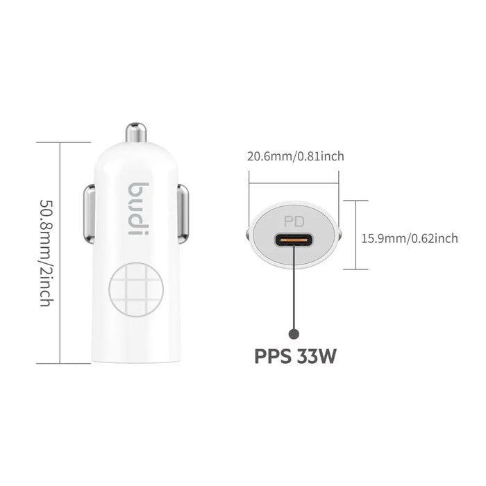 BUDI CC062TTLW USB-C 33W Car Charger Set with 1.2m 27W Type-C to iP Cable Mini Cigarette Lighter Adapter - 4