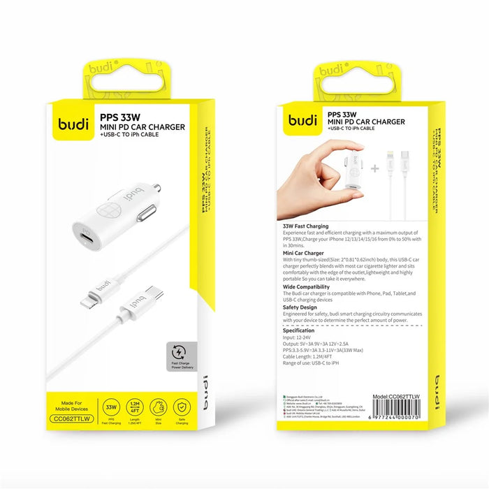 BUDI CC062TTLW USB-C 33W Car Charger Set with 1.2m 27W Type-C to iP Cable Mini Cigarette Lighter Adapter - 5
