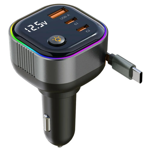 GE03 Voltage Display Car Charger with Retractable Cable and Ambient Light PD 65W Fast Charging Adapter - 1