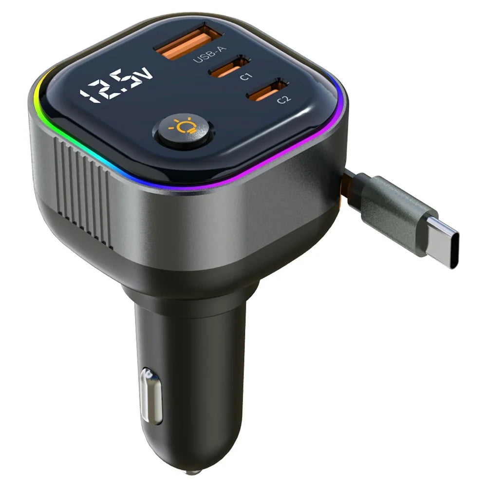 GE03 Voltage Display Car Charger with Retractable Cable and Ambient Light PD 65W Fast Charging Adapter - 1
