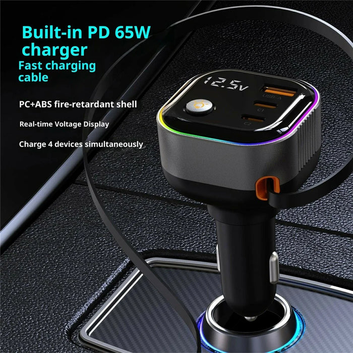 GE03 Voltage Display Car Charger with Retractable Cable and Ambient Light PD 65W Fast Charging Adapter - 2