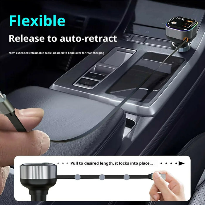 GE03 Voltage Display Car Charger with Retractable Cable and Ambient Light PD 65W Fast Charging Adapter - 5