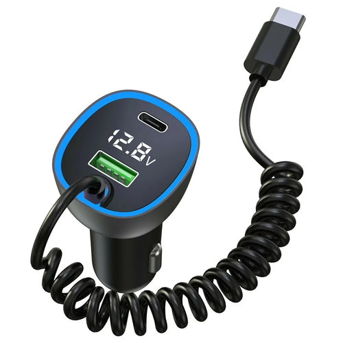 GE05 USB A + Type C Car Charger Voltage Display PD 65W Fast Charging Adapter with Retractable Cable - 1