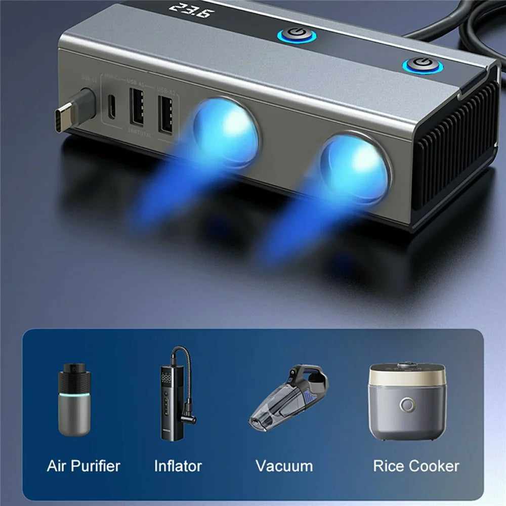 GE06 Voltage Display 120W Car Cigarette Lighter Splitter Adapter with PD 65W Fast Charging Retractable Cable - 4