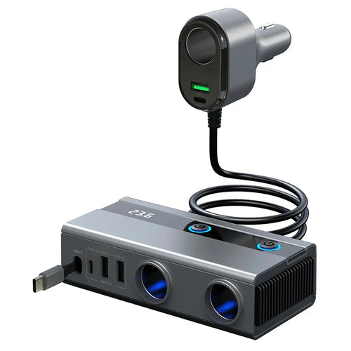GE08 PD 65W Fast Charging Car Charger 9 in 1 Cigarette Lighter Adapter with Independent Switch and Retractable Cable - 1
