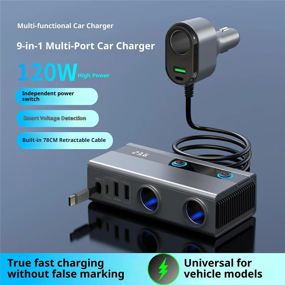GE08 PD 65W Fast Charging Car Charger 9 in 1 Cigarette Lighter Adapter with Independent Switch and Retractable Cable - 3