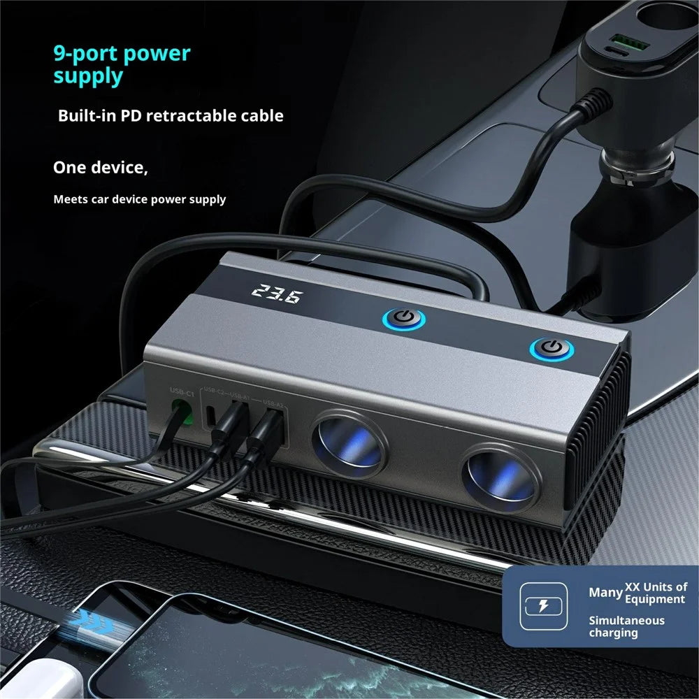 GE08 PD 65W Fast Charging Car Charger 9 in 1 Cigarette Lighter Adapter with Independent Switch and Retractable Cable - 4