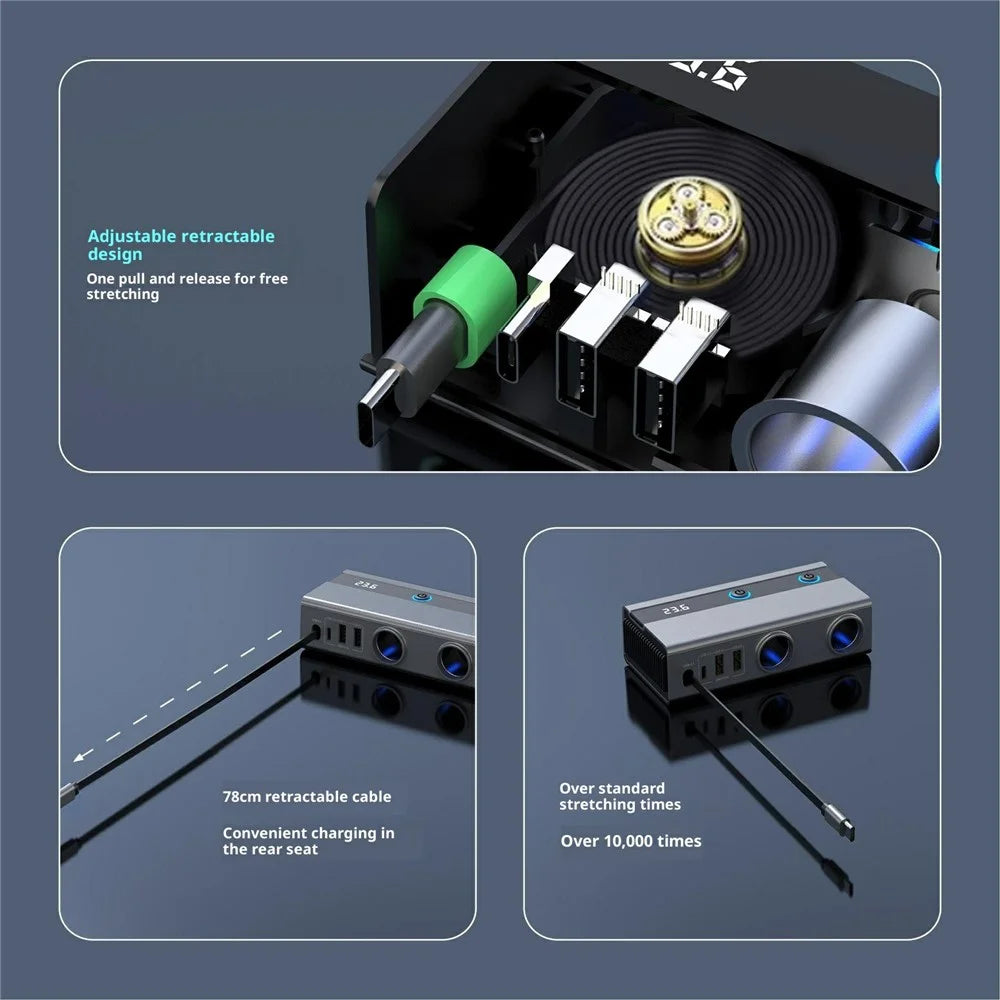 GE08 PD 65W Fast Charging Car Charger 9 in 1 Cigarette Lighter Adapter with Independent Switch and Retractable Cable - 6