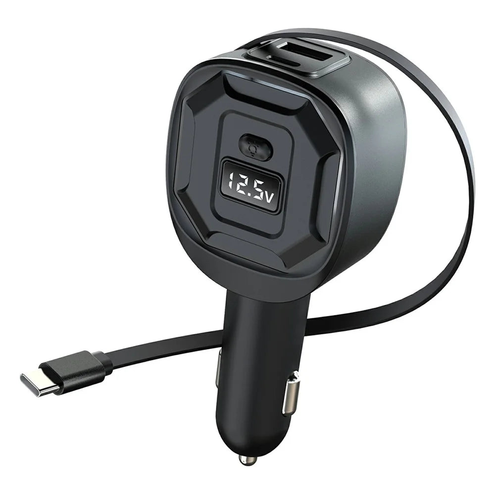 GE10 Voltage Display Car Charger with Retractable Cable PD 65W Fast Charging Adapter Temperature Control Protection - Black - 1