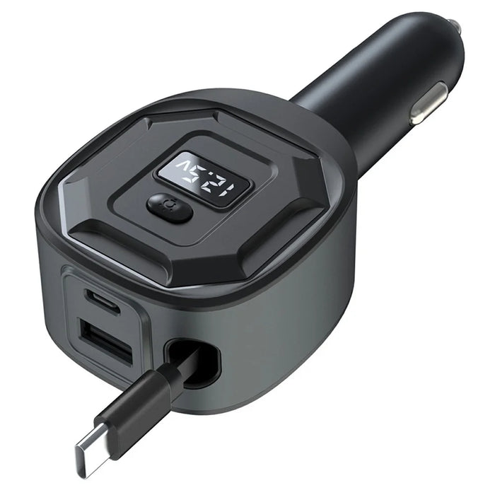 GE10 Voltage Display Car Charger with Retractable Cable PD 65W Fast Charging Adapter Temperature Control Protection - Black - 2