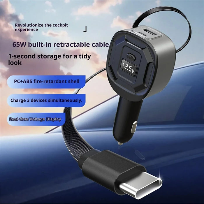 GE10 Voltage Display Car Charger with Retractable Cable PD 65W Fast Charging Adapter Temperature Control Protection - Black - 3