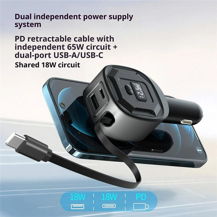 GE10 Voltage Display Car Charger with Retractable Cable PD 65W Fast Charging Adapter Temperature Control Protection - Black - 4