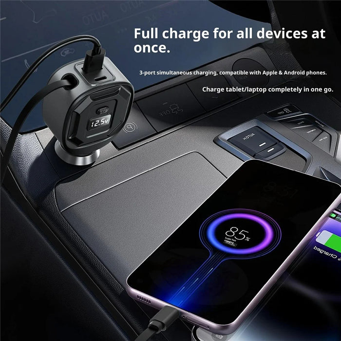 GE10 Voltage Display Car Charger with Retractable Cable PD 65W Fast Charging Adapter Temperature Control Protection - Black - 6