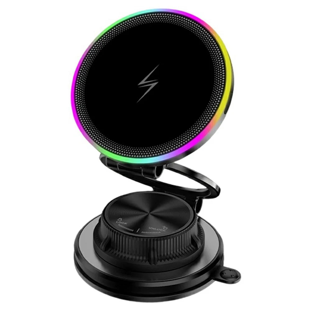 K8 15W MagSafe-Compatible Wireless Car Charger Mount 3-Fold Rotatable Magnetic Phone Holder with RGB Light Vacuum Suction Dashboard Stand - 1