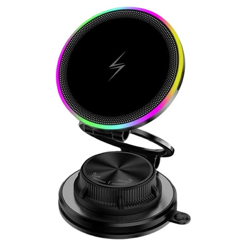 K8 15W MagSafe-Compatible Wireless Car Charger Mount 3-Fold Rotatable Magnetic Phone Holder with RGB Light Vacuum Suction Dashboard Stand - 1