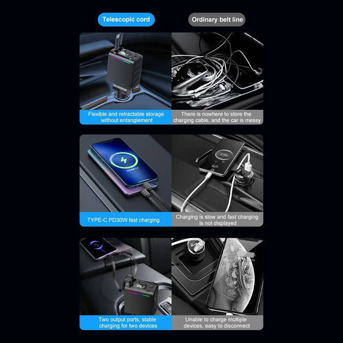 C88 USB Car Charger Cigarette Lighter Adapter with Dual Retractable Cable Bluetooth-Compatible 5.3 - 4