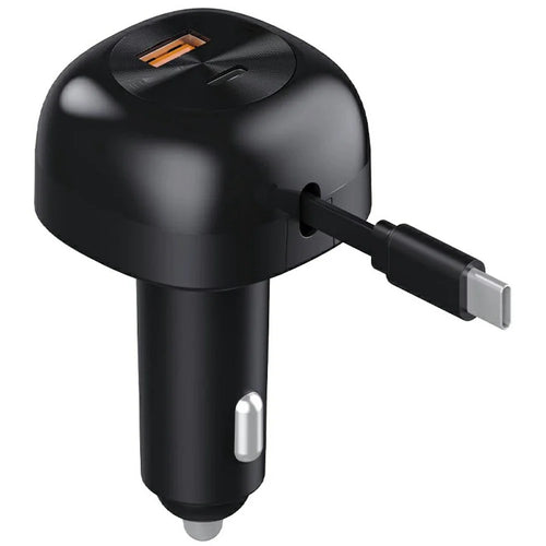 K10 Car Charger with Retractable Cable Type-C + USB-A PD 20W QC 3.0 Fast Charging Cigarette Lighter - Black - 1