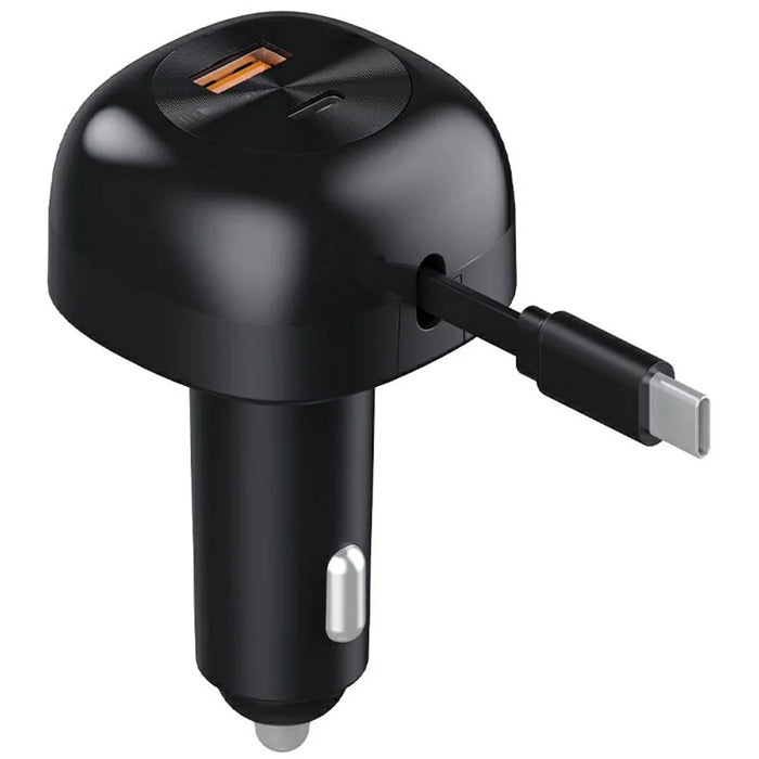 K10 Car Charger with Retractable Cable Type-C + USB-A PD 20W QC 3.0 Fast Charging Cigarette Lighter - Black - 1