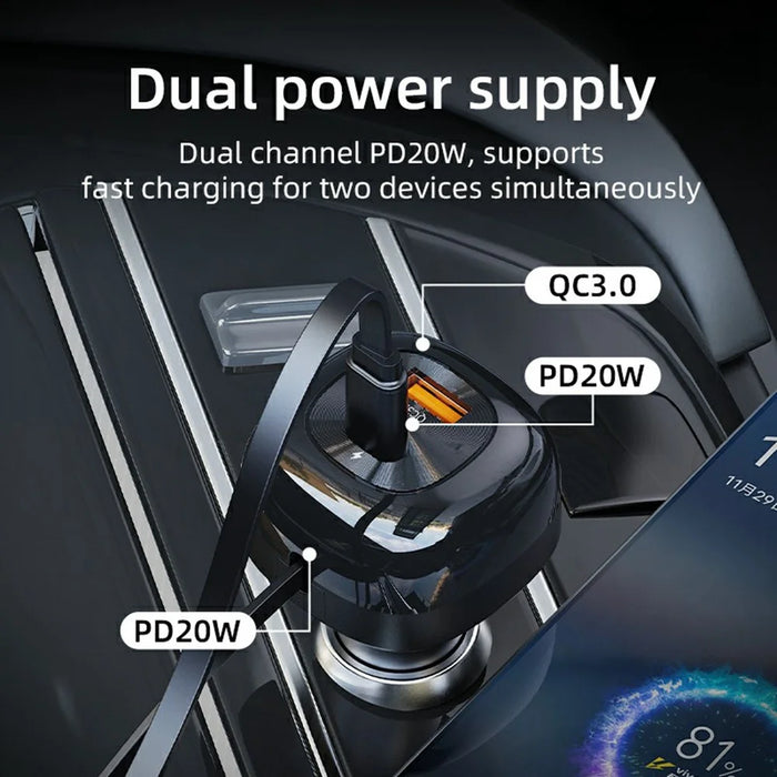 K10 Car Charger with Retractable Cable Type-C + USB-A PD 20W QC 3.0 Fast Charging Cigarette Lighter - Black - 3