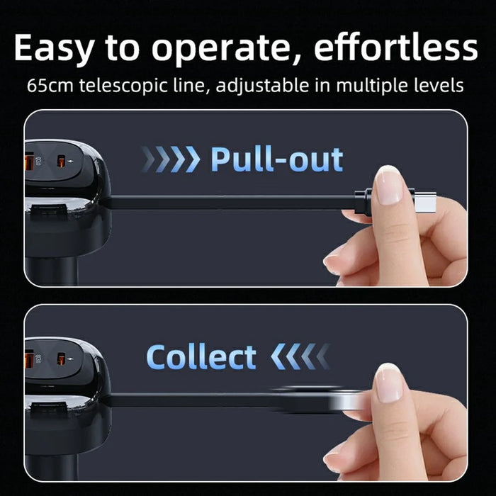 K10 Car Charger with Retractable Cable Type-C + USB-A PD 20W QC 3.0 Fast Charging Cigarette Lighter - Black - 4