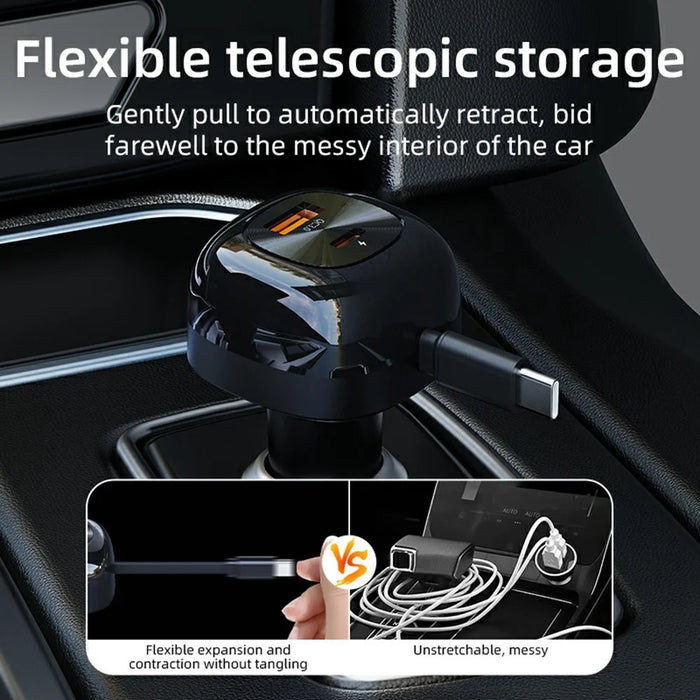 K10 Car Charger with Retractable Cable Type-C + USB-A PD 20W QC 3.0 Fast Charging Cigarette Lighter - Black - 5