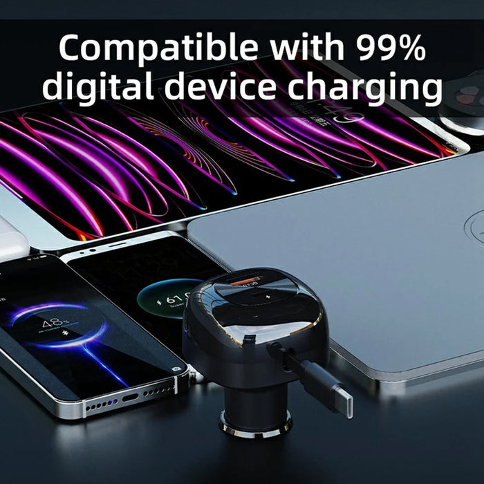 K10 Car Charger with Retractable Cable Type-C + USB-A PD 20W QC 3.0 Fast Charging Cigarette Lighter - Black - 6