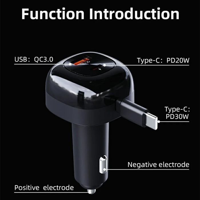 K10 Car Charger with Retractable Cable Type-C + USB-A PD 20W QC 3.0 Fast Charging Cigarette Lighter - Black - 7