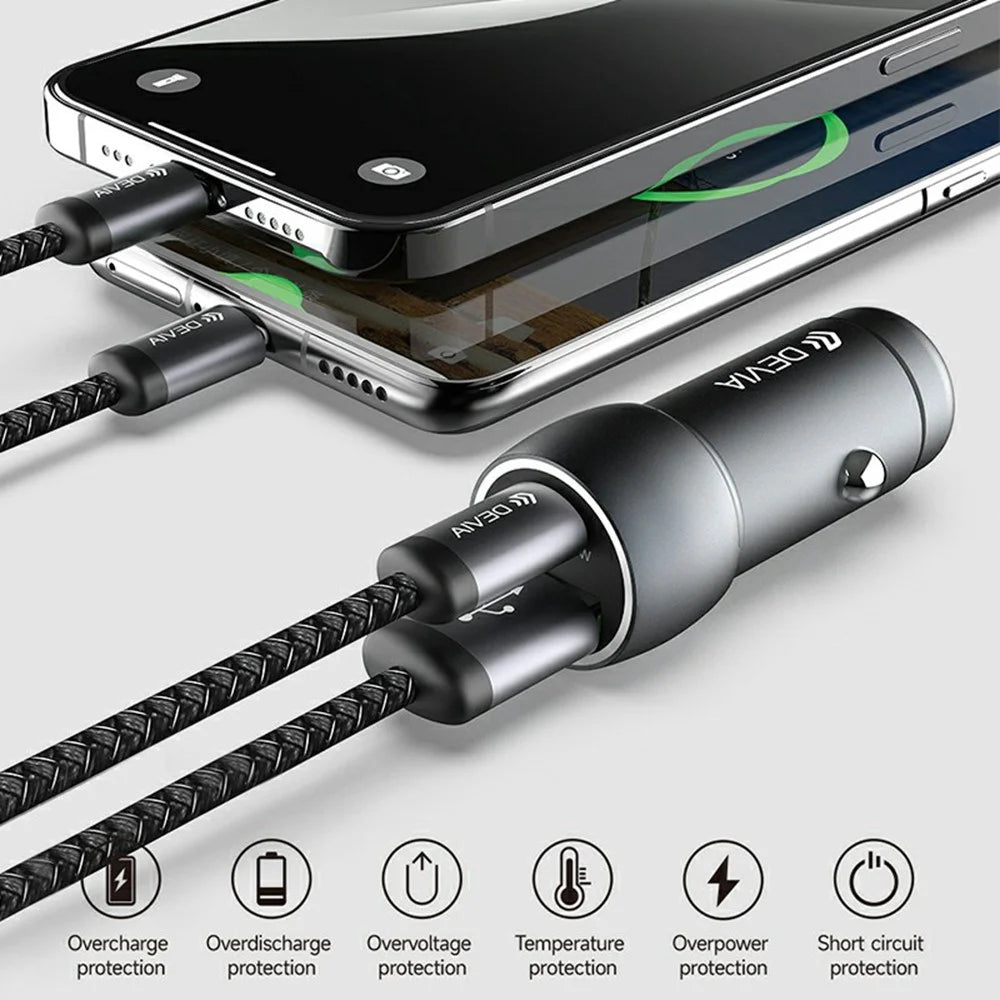 DEVIA EA507 Extreme Speed Series PD 30W + QC3.0 18W Metal Car Charger with 1m Type-C Cable - Dark Grey - 3