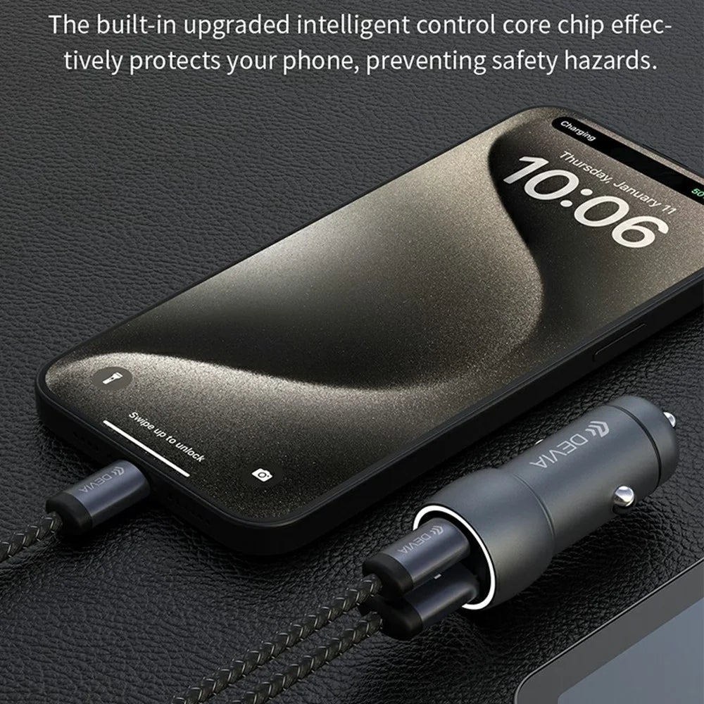 DEVIA EA507 Extreme Speed Series PD 30W + QC3.0 18W Metal Car Charger with 1m Type-C Cable - Dark Grey - 4