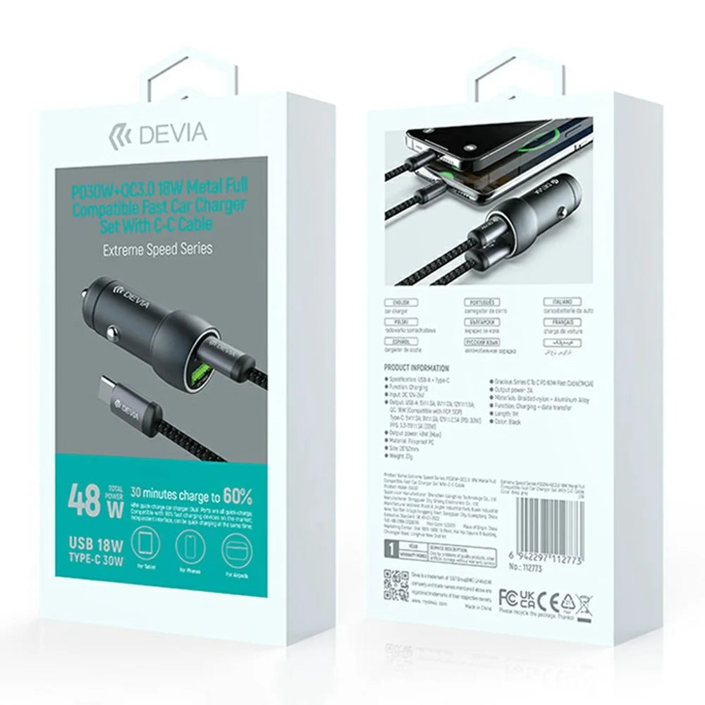 DEVIA EA507 Extreme Speed Series PD 30W + QC3.0 18W Metal Car Charger with 1m Type-C Cable - Dark Grey - 6