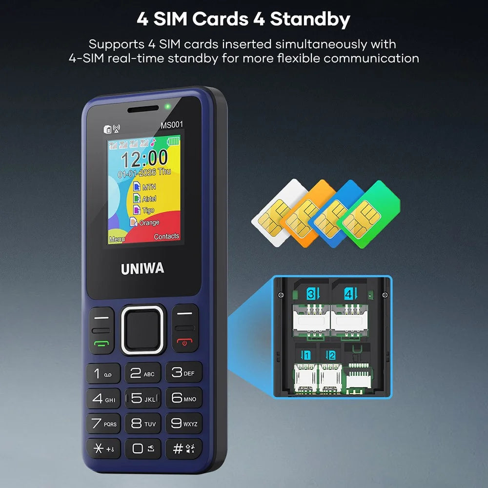 UNIWA MS001 2G Feature Phone 4 SIM Cards 4 Standby 1.77 Inch TFT Screen Signal Booster Keypad Phone - Black - 4
