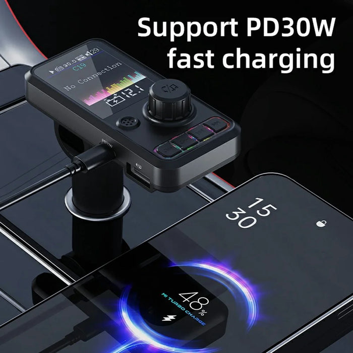 C19 Car Bluetooth-compatible MP3 Player PD 30W Fast Charging FM Radio Transmitter Hands-Free Calls - Black - 5