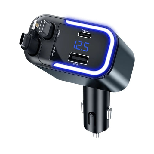 036 180W Car Charger 4-Port Fast Charging LED Display Cigarette Lighter Adapter with Retractable Type-C & iP (5-14) Cable - 1