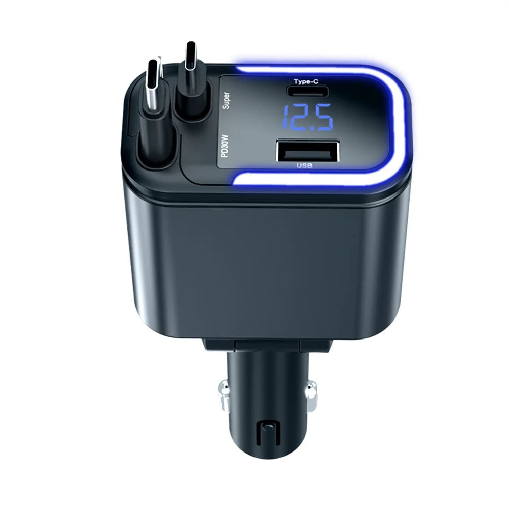 036 180W Car Charger 4-Port Fast Charging LED Display Cigarette Lighter Adapter with Retractable Type-C & iP (5-14) Cable - 2
