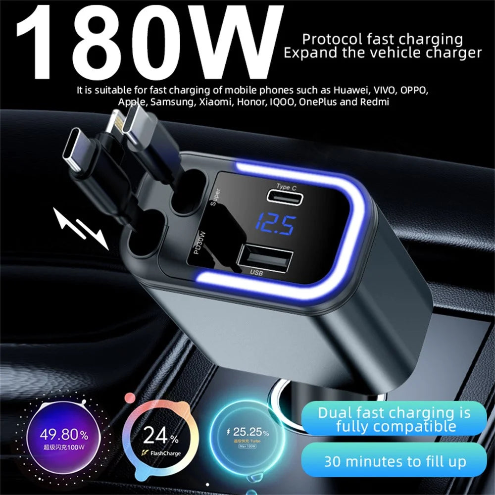 036 180W Car Charger 4-Port Fast Charging LED Display Cigarette Lighter Adapter with Retractable Type-C & iP (5-14) Cable - 3