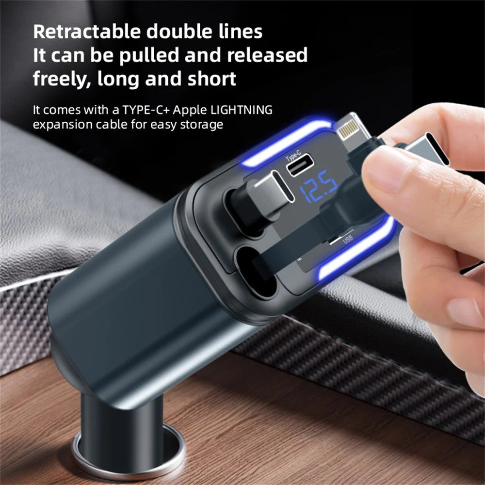 036 180W Car Charger 4-Port Fast Charging LED Display Cigarette Lighter Adapter with Retractable Type-C & iP (5-14) Cable - 4