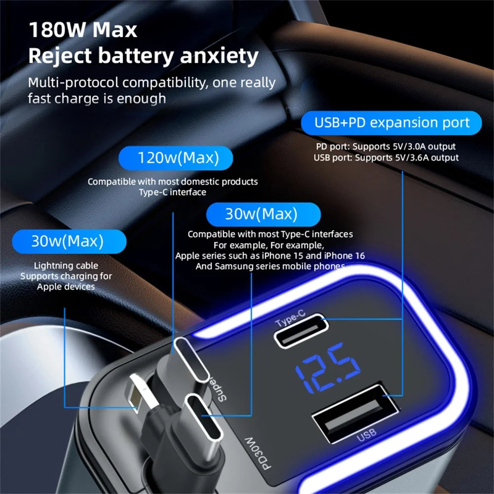 036 180W Car Charger 4-Port Fast Charging LED Display Cigarette Lighter Adapter with Retractable Type-C & iP (5-14) Cable - 5