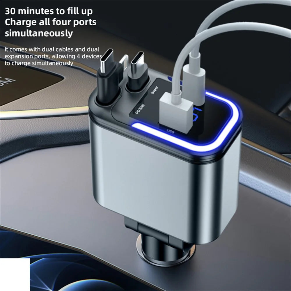 036 180W Car Charger 4-Port Fast Charging LED Display Cigarette Lighter Adapter with Retractable Type-C & iP (5-14) Cable - 6