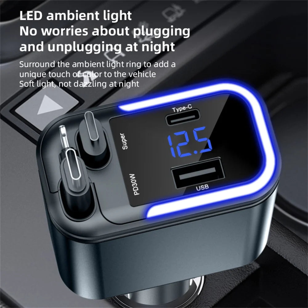036 180W Car Charger 4-Port Fast Charging LED Display Cigarette Lighter Adapter with Retractable Type-C & iP (5-14) Cable - 7