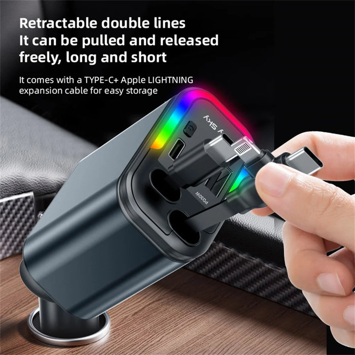 LC-039 5-in-1 Dual Retractable Cable Car Charger RGB Starry Sky Light USB-C iP (5-14) 120W Fast Charging Adapter - 4
