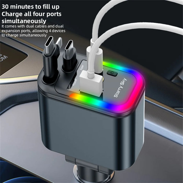LC-039 5-in-1 Dual Retractable Cable Car Charger RGB Starry Sky Light USB-C iP (5-14) 120W Fast Charging Adapter - 6