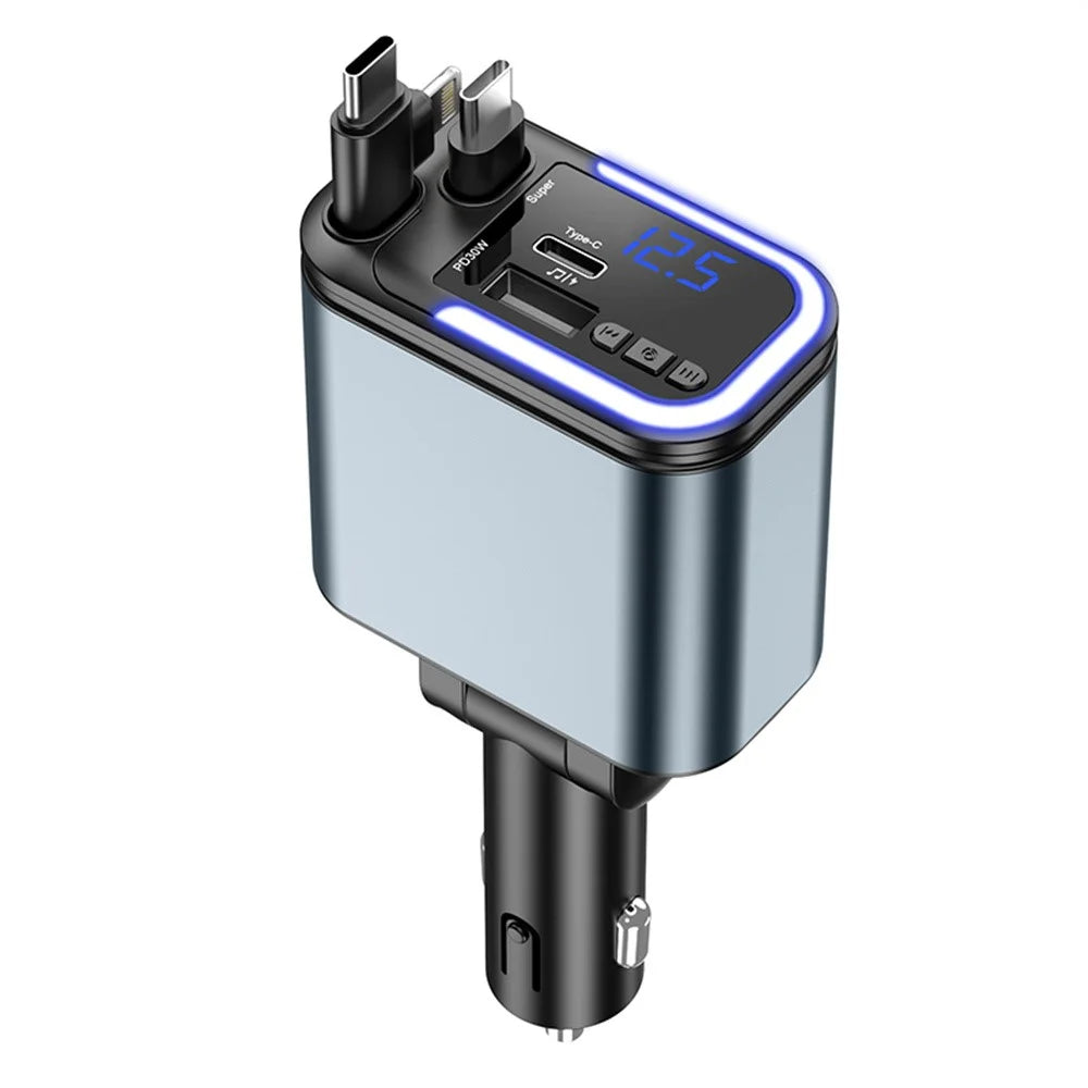 LC-040 5-in-1 Car Charger 180W Dual Retractable Cable Type-C iP (5-14) Bluetooth-compatible FM Transmitter Charging Adapter - 1